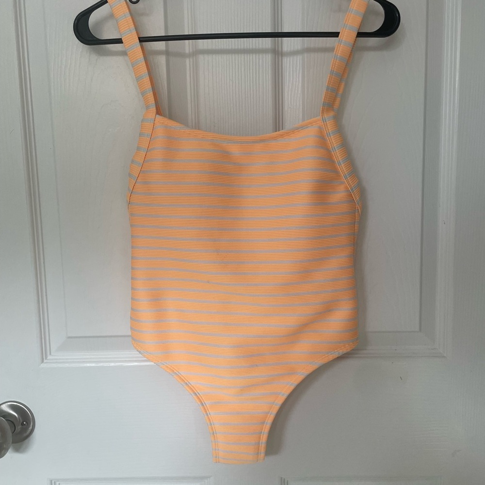 One piece striped yellow and white swim suit